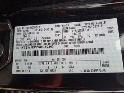 2019 Ford F-150 XLT Sport w/Twin Panel Moonroof 302A Sport Package